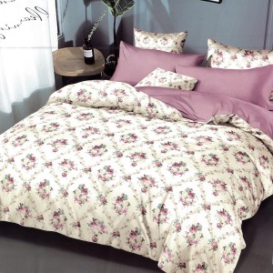 Lenjerie pat dublu,  FINET, 6 piese, Bej-Lila, flori