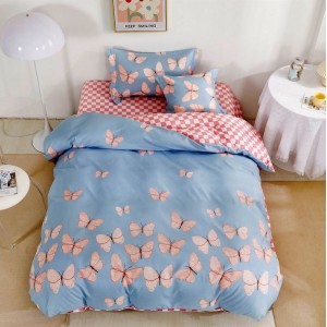 Lenjerie pat 1 PERSOANA,  FINET, 4 piese, cu ELASTIC, Roz-Bleu, fluturi