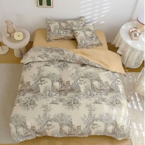 Lenjerie pat 1 PERSOANA,  FINET, 4 piese, cu ELASTIC, Bej, copaci