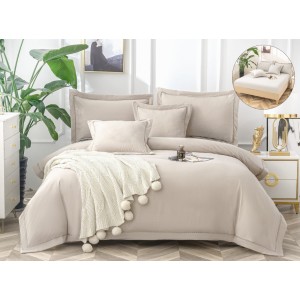 Lenjerie pat dublu, Bumbac Fin Texturat, CEARSAF CU ELASTIC, 6 piese, Bej