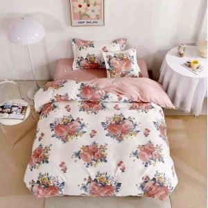 Lenjerie pat 1 PERSOANA,  FINET, 4 piese, cu ELASTIC, Roz pudra, flori