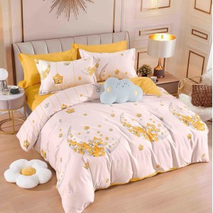 Lenjerie pat dublu,  FINET, 6 piese, cu ELASTIC, Jojo Home, Galben, stelute