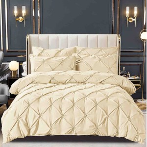 Lenjerie pat dublu,  FINET cu ELASTIC, 6 piese, PLIURI BRODATE, Jojo Home, Bej