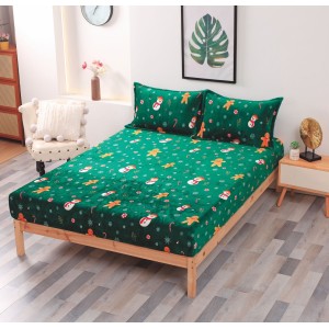 Cearsaf cu elastic CoCoLiNo Polar, 180x200x25cm, 2 fete de perne 50x70cm, Verde, oameni de zăpadă, fulgi de nea