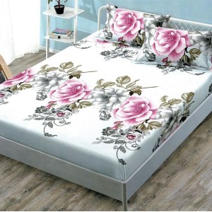 Cearsaf cu elastic, FINET, 180x200cm, 2 fete de perne 50x70cm, Alb-Roz, flori