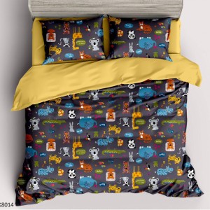 Lenjerie pat Single, BUMBAC 100% Percal, cu 2 Fețe, 4 piese, Bleumarin, Galben, Animale