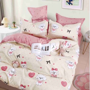 Lenjerie pat 1 PERSOANA,  FINET, 4 piese, Jojo Home, Roz, inimioare, catei, fundite