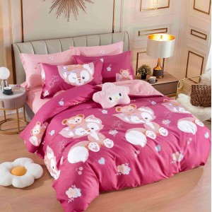 Lenjerie pat dublu,  FINET, 6 piese, cu ELASTIC, Jojo Home, Roz, vulpite, ursuleti