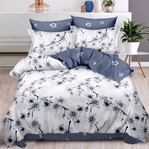 Lenjerie pat dublu,  FINET, 6 piese, cu ELASTIC, Gri, flori