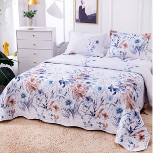 Cuvertura pat dublu din Bumbac Satinat Superior, 3 PIESE, Albastru, flori
