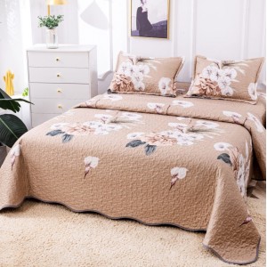 Cuvertura pat dublu din Bumbac Satinat Superior, 3 PIESE, Bej, flori