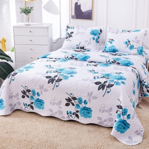 Cuvertura pat dublu din Bumbac Satinat Superior, 3 PIESE, Bleu, flori