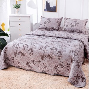 Cuvertura pat dublu din Bumbac Satinat Superior, 3 PIESE, Gri, flori