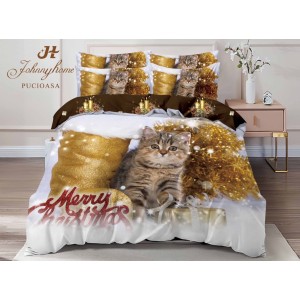 Lenjerie pat dublu, FINET, Digital Print, Craciun, Gri, Auriu, pisicuță, beteala, cizma Lenjerie pat dublu, FINET, Digital Print, Craciun, Gri, Auriu, pisicuță, beteala, cizma