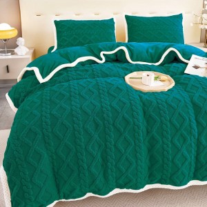 Lenjerie de Pat Cocolino Super Pufoasă cu Tricotaj în Relief – Set 4 Piese pentru Pat Dublu, Calitate Premium pentru somn odihnitor, Verde Smarald