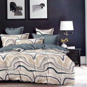 Lenjerie pat dublu,  FINET, 6 piese, cu ELASTIC, Bej, abstract