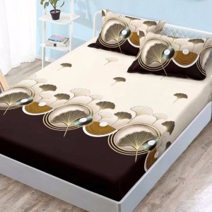 Cearsaf cu elastic, FINET, 180x200cm, 2 fete de perne 50x70cm, Bej, frunze