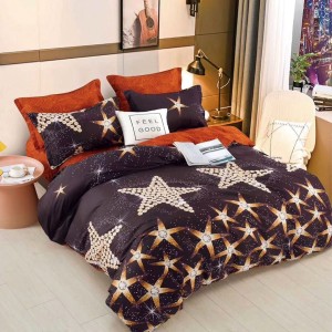 Lenjerie pat 1 PERSOANA, 4 piese, cu ELASTIC,  Negru, stelute