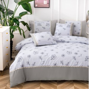 Lenjerie pat dublu,  Finet, CEARSAF CU ELASTIC, 6 piese, Gri, model floral