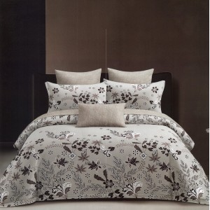 Lenjerie pat dublu,  FINET, 6 piese, cu ELASTIC, Gri, flori