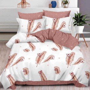 Lenjerie pat dublu,  FINET, 6 piese, cu ELASTIC, Maro, pene