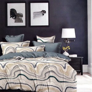 Lenjerie pat dublu,  FINET, 6 piese, Bej-Turquoise, abstract