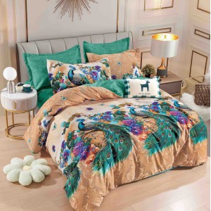 Lenjerie pat dublu,  FINET, 6 piese, cu ELASTIC, Jojo Home, Verde, pauni