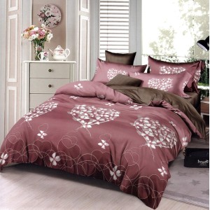 Lenjerie pat dublu,  FINET, 6 piese, Purpuriu, floricele, inimioare