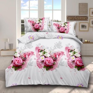 Lenjerie pat dublu, 4 piese, IMPRIMEU 3D Multiplicat Multiplicat, Microfibra, Roz, fluturi, trandafiri
