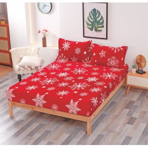 Cearsaf cu elastic CoCoLiNo Polar, 180x200x25cm, 2 fete de perne 50x70cm, Rosu, Alb, fulgi de nea