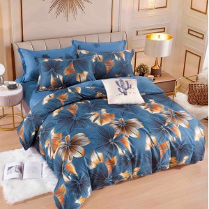 Lenjerie pat dublu,  FINET, 6 piese, cu ELASTIC, Jojo Home, Albastru, flori