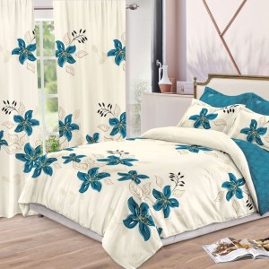 Lenjerie pat dublu,  FINET, 8 piese, cu 2 DRAPERII INCLUSE, Crem, flori