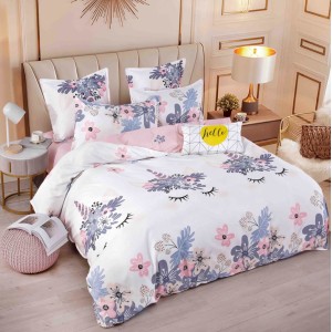 Lenjerie pat 1 PERSOANA,  FINET, 4 piese, Jojo Home, Alb-Roz, unicorni, flori