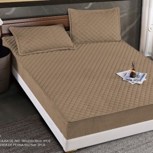 Husă Matlasată Tip Topper din Catifea 160x200cm, cu 2 Fețe de Pernă 50x70cm -  Somn Odihnitor și Susținere pentru Spate, Cappuccino