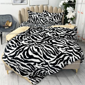 Lenjerie pat dublu, Super Pufoasa COCOLINO cu BLANITA, 4 piese, Alb-Negru, Zebra