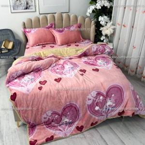 Lenjerie pat dublu, Super Pufoasa COCOLINO cu BLANITA, 4 piese, Roz, inimioare