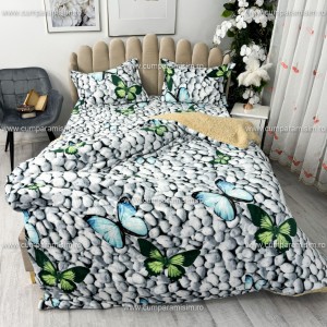 Lenjerie pat dublu, Super Pufoasa COCOLINO cu BLANITA, 4 piese, Gri-Multicolor, fluturi