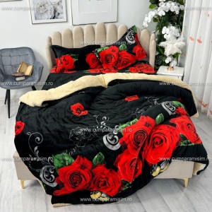 Lenjerie pat dublu, Super Pufoasa COCOLINO cu BLANITA, 4 piese, Negru-Rosu, Trandafiri