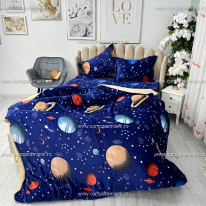 Lenjerie pat dublu, Super Pufoasa COCOLINO cu BLANITA, 4 piese, Bleumarin, planete