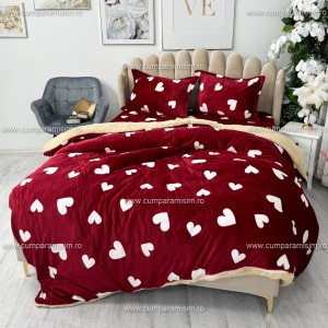 Lenjerie pat dublu, Super Pufoasa COCOLINO cu BLANITA, 4 piese, Rosu, inimioare