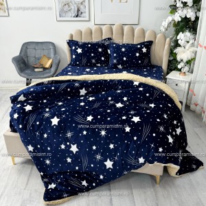 Lenjerie pat dublu, Super Pufoasa COCOLINO cu BLANITA, 4 piese, Bleumarin, ploaie de stele