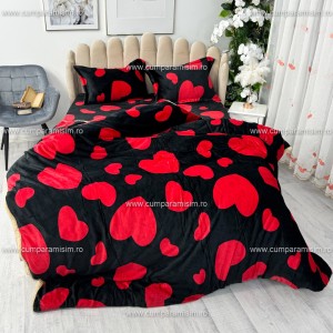 Lenjerie pat dublu, Super Pufoasa COCOLINO, 4 piese, cu ELASTIC, Negru-Rosu, inimioare