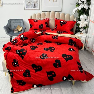 Lenjerie pat dublu, Super Pufoasa COCOLINO cu BLANITA, 4 piese, Rosu-Negru, inimioare