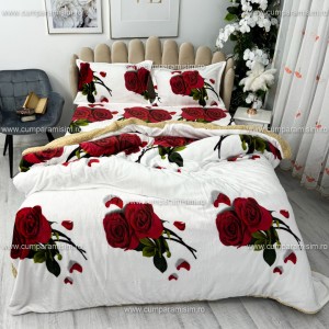 Lenjerie pat dublu, Super Pufoasa COCOLINO cu BLANITA, 4 piese, Alb-Rosu, trandafiri