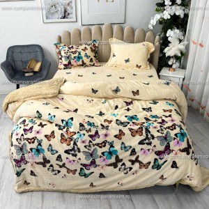 Lenjerie pat dublu, Super Pufoasa COCOLINO cu BLANITA, 4 piese, Crem, fluturi