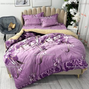 Lenjerie pat dublu, Super Pufoasa COCOLINO cu BLANITA, 4 piese, Mov, flori