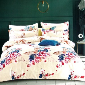 Lenjerie pat dublu,  FINET, 6 piese, Bej, flori, fluturi