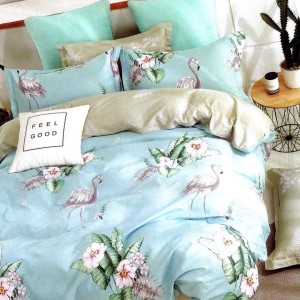 Lenjerie pat dublu,  FINET, 6 piese, Bleu, flori, flamingo