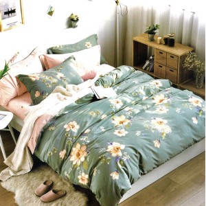 Lenjerie pat dublu,  FINET, 6 piese, Verde, flori