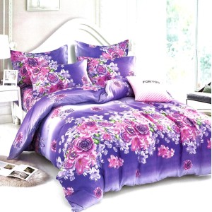 Lenjerie pat dublu,  FINET, 6 piese, Mov, flori